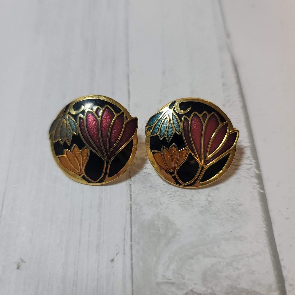 Vintage Cloisonne Enamel Floral Stud Earrings Gold Tone Black Burgundy Teal 1"